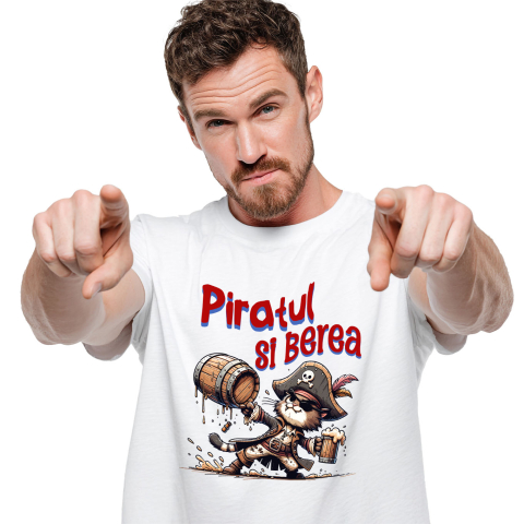Tricou Femei, Barbati, Copii, Fata, Baiat, Unisex Personalizat „Pisica Motan cu Palarie de Pirat și Halba de Bere - Cadou pentru Copii cu Tema Piraților și Desene Animate”