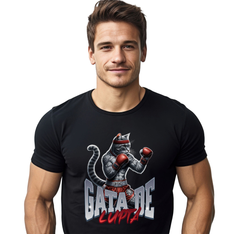 Sport - Tricou Femei, Barbati, Copii, Fata, Baiat, Unisex Personalizat Pisica Motan Gri cu Mănuși și Echipament Roșu – Box și Sport de Contact Motivational