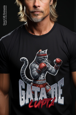 Tricou Femei, Barbati, Copii, Fata, Baiat, Unisex Personalizat Pisica Motan Gri cu Mănuși și Echipament Roșu – Box și Sport de Contact Motivational [1]