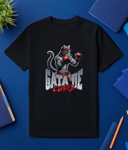 Tricou Femei, Barbati, Copii, Fata, Baiat, Unisex Personalizat Pisica Motan Gri cu Mănuși și Echipament Roșu – Box și Sport de Contact Motivational [2]