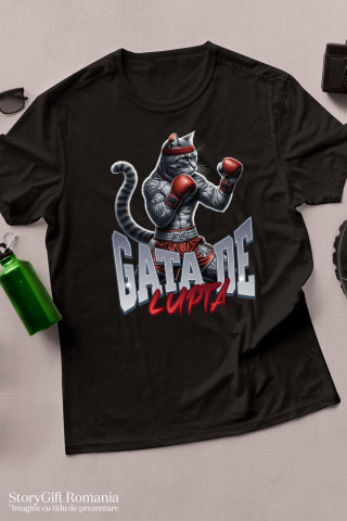 Tricou Femei, Barbati, Copii, Fata, Baiat, Unisex Personalizat Pisica Motan Gri cu Mănuși și Echipament Roșu – Box și Sport de Contact Motivational [2]