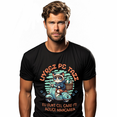 PISICI - Tricou Femei, Barbati, Copii, Fata, Baiat, Unisex Personalizat "Pisica Albastră cu Cos de Picnic și Broască Țestoasă - Livrare Mâncare Tazz, Cadou Amuzant pentru Copii și Familie"