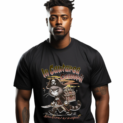 PISICI - Tricou Femei, Barbati, Copii, Fata, Baiat, Unisex Personalizat "Pisica Pirat cu Pălărie și Cufăr Cranii - Aventură cu Comori pentru Copii"