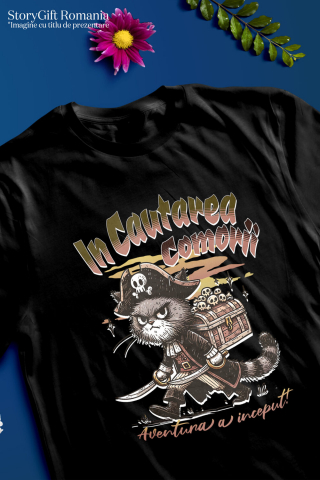Tricou Femei, Barbati, Copii, Fata, Baiat, Unisex Personalizat "Pisica Pirat cu Pălărie și Cufăr Cranii - Aventură cu Comori pentru Copii" [2]