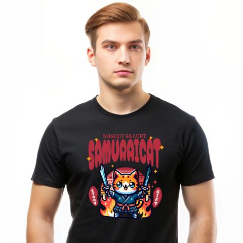 Pisici - Tricou Femei, Barbati, Copii, Fata, Baiat, Unisex Personalizat Pisica Portocalie Samurai – Cadou Personalizat Născut Să Lupt Samuraicat pentru Familie și Prieteni
