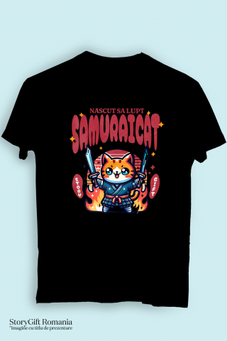 Tricou Femei, Barbati, Copii, Fata, Baiat, Unisex Personalizat Pisica Portocalie Samurai – Cadou Personalizat Născut Să Lupt Samuraicat pentru Familie și Prieteni [2]