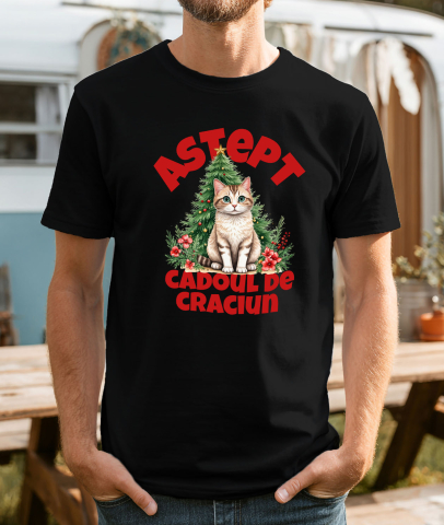 Tricou Femei, Barbati, Copii, Fata, Baiat, Unisex Personalizat Pisică Pufoasă Lângă Bradul de Crăciun – Aștept Cadoul de Crăciun [1]