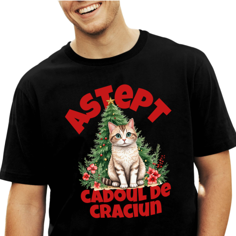 Tricou Femei, Barbati, Copii, Fata, Baiat, Unisex Personalizat Pisică Pufoasă Lângă Bradul de Crăciun – Aștept Cadoul de Crăciun
