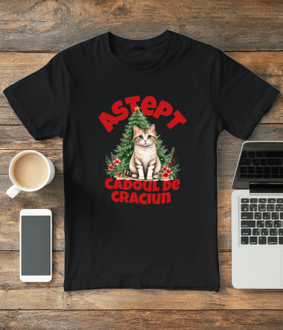 Tricou Femei, Barbati, Copii, Fata, Baiat, Unisex Personalizat Pisică Pufoasă Lângă Bradul de Crăciun – Aștept Cadoul de Crăciun [2]