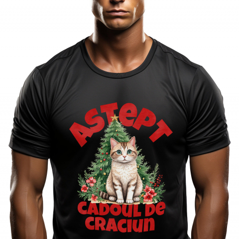 Tricou Femei, Barbati, Copii, Fata, Baiat, Unisex Personalizat Pisică Pufoasă Lângă Bradul de Crăciun – Aștept Cadoul de Crăciun