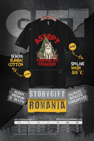 Tricou Femei, Barbati, Copii, Fata, Baiat, Unisex Personalizat Pisică Pufoasă Lângă Bradul de Crăciun – Aștept Cadoul de Crăciun [3]