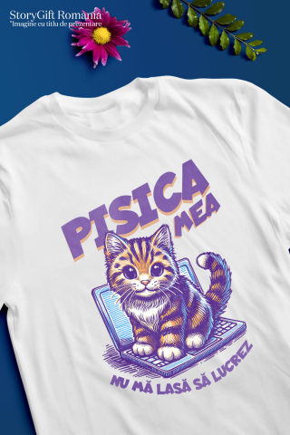 Tricou Femei, Barbati, Copii, Fata, Baiat, Unisex Personalizat Pisica Pe Laptop „Pisica Mea Nu Mă Lasă Să Lucrez” – Cadou Amuzant Pentru Iubitorii De Pisici Și Birou [2]