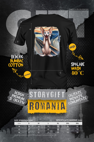 Tricou Barbati cu pisica sphynx speriata/uimita, se tine cu mainile de fata, ilustratie, pictura celebra, tablou cu Maner Alb cu imprimeu pe Spate, 100% Bumbac, Negru, L [1]