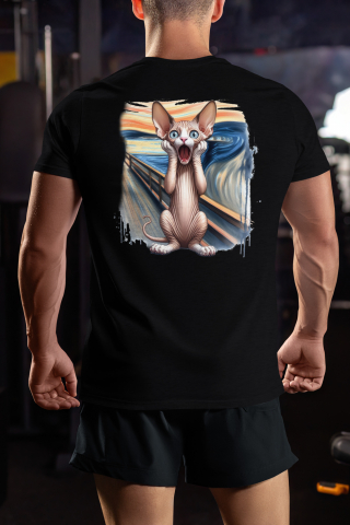 Tricou Barbati cu pisica sphynx speriata/uimita, se tine cu mainile de fata, ilustratie, pictura celebra, tablou cu Maner Alb cu imprimeu pe Spate, 100% Bumbac, Negru, L [2]