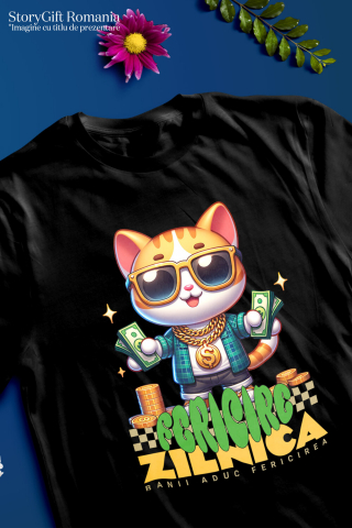 Tricou Femei, Barbati, Copii, Fata, Baiat, Unisex Personalizat Pisica Gangster cu Bancnote și Aur – „Banii Aduc Fericirea Zilnică” – Cadou Personalizat pentru Familie, Tati, Copii, Prieteni [2]