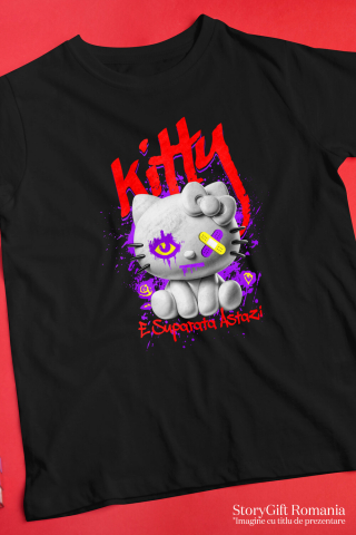 Tricou Femei, Barbati, Copii, Fata, Baiat, Unisex Personalizat Pisica Stil Hello Kitty Albă Cu Plasturi La Ochi – Cadou Personalizat „Kitty Supărată Astăzi” pentru Iubitorii De Pisici și Hello Kitty [2]