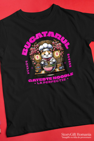 Tricou Femei, Barbati, Copii, Fata, Baiat, Unisex Personalizat Pisică bucătar personalizată cu pălărie și flori roz – „Bucătarul gătește noodles la perfecție” – Cadou amuzant [2]