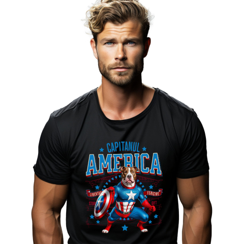 SuperEroi si Personaje TV - Tricou Femei, Barbati, Copii, Fata, Baiat, Unisex Personalizat Pitbull în Costum Captain America cu Pelerină - Cadou Personalizat pentru Copii și Iubitorii de Câini