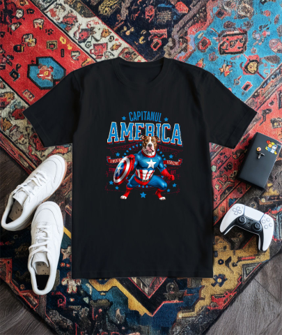 Tricou Femei, Barbati, Copii, Fata, Baiat, Unisex Personalizat Pitbull în Costum Captain America cu Pelerină - Cadou Personalizat pentru Copii și Iubitorii de Câini [2]