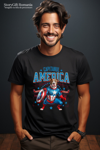 Tricou Femei, Barbati, Copii, Fata, Baiat, Unisex Personalizat Pitbull în Costum Captain America cu Pelerină - Cadou Personalizat pentru Copii și Iubitorii de Câini [1]