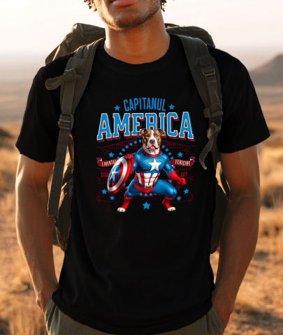 Tricou Femei, Barbati, Copii, Fata, Baiat, Unisex Personalizat Pitbull în Costum Captain America cu Pelerină - Cadou Personalizat pentru Copii și Iubitorii de Câini [1]