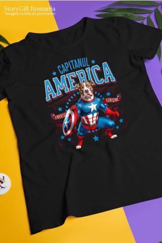 Tricou Femei, Barbati, Copii, Fata, Baiat, Unisex Personalizat Pitbull în Costum Captain America cu Pelerină - Cadou Personalizat pentru Copii și Iubitorii de Câini [2]