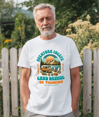 Tricou Femei, Barbati, Copii, Fata, Baiat, Unisex Personalizat "Plimbare Cu Rulota – Aventura Începe Când Se Termină Drumul" [1]