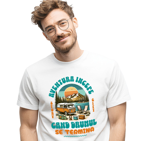 Tricou Femei, Barbati, Copii, Fata, Baiat, Unisex Personalizat "Plimbare Cu Rulota – Aventura Începe Când Se Termină Drumul"