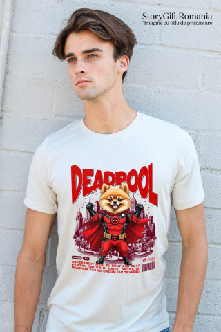 Tricou Femei, Barbati, Copii, Fata, Baiat, Unisex Personalizat Pomeranian în Costum Deadpool – Câine Supererou Amuzant și Personalizat [1]