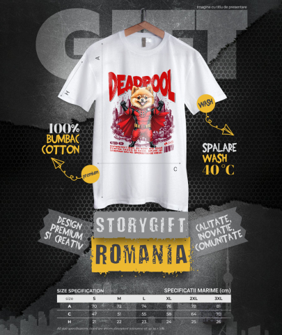 Tricou Femei, Barbati, Copii, Fata, Baiat, Unisex Personalizat Pomeranian în Costum Deadpool – Câine Supererou Amuzant și Personalizat [3]