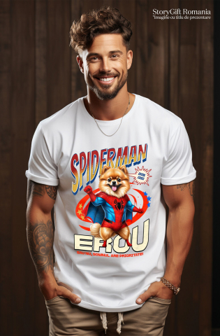 Tricou Femei, Barbati, Copii, Fata, Baiat, Unisex Personalizat Pomeranian în Costum Spider-Man - Cadou Personalizat pentru Copii și Familie [1]