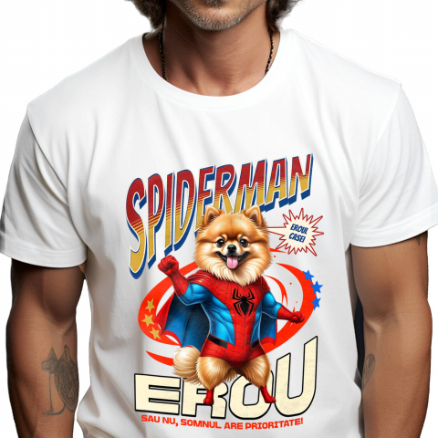 Tricou Femei, Barbati, Copii, Fata, Baiat, Unisex Personalizat Pomeranian în Costum Spider-Man - Cadou Personalizat pentru Copii și Familie