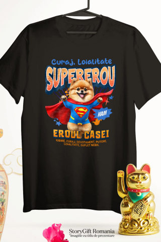 Tricou Femei, Barbati, Copii, Fata, Baiat, Unisex Personalizat Pomeranian și Pisică în Costum de Superman – Produse Personalizate pentru Copii și Familie [2]