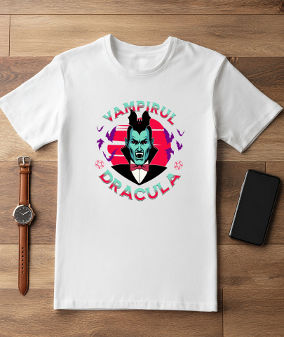 Tricou Femei, Barbati, Copii, Fata, Baiat, Unisex Personalizat „Portret Dracula și Vlad Țepeș Personalizat cu Lilieci – Cadouri Tematice Halloween pentru Familie și Copii” [2]