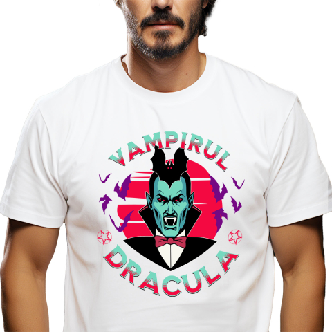 Basme Si Legende - Tricou Femei, Barbati, Copii, Fata, Baiat, Unisex Personalizat „Portret Dracula și Vlad Țepeș Personalizat cu Lilieci – Cadouri Tematice Halloween pentru Familie și Copii”