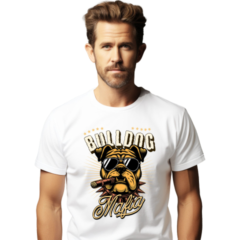 Caini - Tricou Femei, Barbati, Copii, Fata, Baiat, Unisex Personalizat „Portret Câine Bulldog Stil Mafiot cu Trabuc și Ochelari de Soare – Cadou Personalizat pentru Iubitorii de Câini”