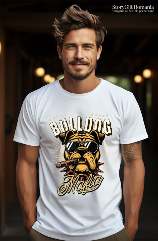 Tricou Femei, Barbati, Copii, Fata, Baiat, Unisex Personalizat „Portret Câine Bulldog Stil Mafiot cu Trabuc și Ochelari de Soare – Cadou Personalizat pentru Iubitorii de Câini” [1]
