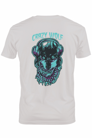 Promotii - Tricou Barbati Cu Portret Caine Lup Cu Medalion De aur Gros Si Casti Audio Pe Cap, Text In Engleza Crazy Wolf, Ilustratie, Unica, Creativitate,  cu imprimeu pe Spate, 100% Bumbac,  Alb, M