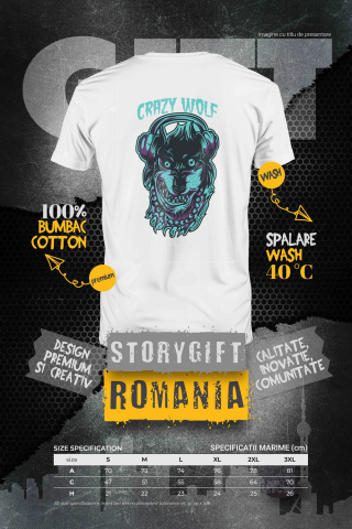 Tricou Barbati Cu Portret Caine Lup Cu Medalion De aur Gros Si Casti Audio Pe Cap, Text In Engleza Crazy Wolf, Ilustratie, Unica, Creativitate,  cu imprimeu pe Spate, 100% Bumbac,  Alb, M [2]