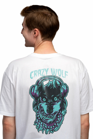 Tricou Barbati Cu Portret Caine Lup Cu Medalion De aur Gros Si Casti Audio Pe Cap, Text In Engleza Crazy Wolf, Ilustratie, Unica, Creativitate,  cu imprimeu pe Spate, 100% Bumbac,  Alb, M [1]