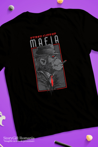 Tricou Barbati Cu Portret Gorila Cu Palarie, Tinuta Eleganta Cu Cravata Rosie, Text In Engleza Mafia, Text In Chineza, Iubitorii De Filme Sf,  cu imprimeu pe Fata, 100% Bumbac,  Negru, L [2]