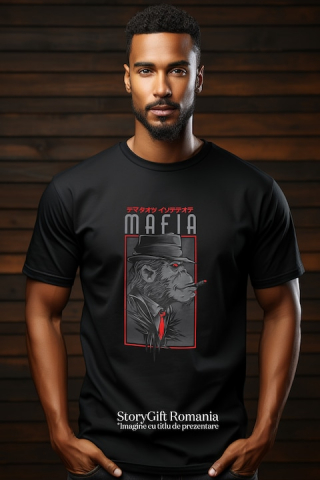 Tricou Barbati Cu Portret Gorila Cu Palarie, Tinuta Eleganta Cu Cravata Rosie, Text In Engleza Mafia, Text In Chineza, Iubitorii De Filme Sf, cu imprimeu pe Fata, 100% Bumbac, Negru, L [1]