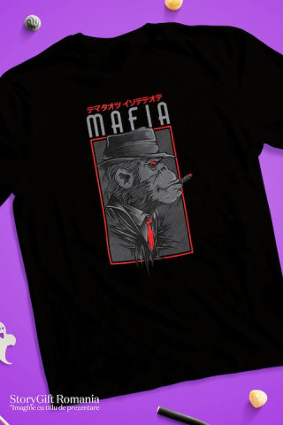 Tricou Barbati Cu Portret Gorila Cu Palarie, Tinuta Eleganta Cu Cravata Rosie, Text In Engleza Mafia, Text In Chineza, Iubitorii De Filme Sf, cu imprimeu pe Fata, 100% Bumbac, Negru, L [2]