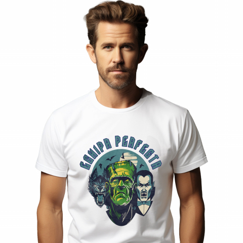 BASME - Tricou Femei, Barbati, Copii, Fata, Baiat, Unisex Personalizat „Portret Lup, Dracula și Frankenstein Personalizat – Cadouri Tematice pentru Halloween și Familie”