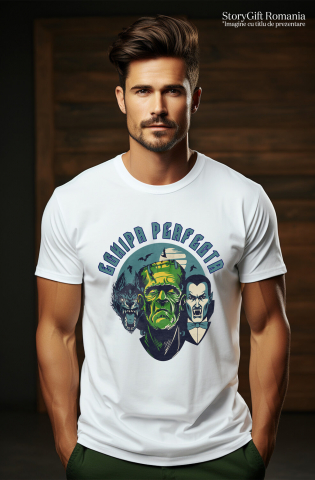 Tricou Femei, Barbati, Copii, Fata, Baiat, Unisex Personalizat „Portret Lup, Dracula și Frankenstein Personalizat – Cadouri Tematice pentru Halloween și Familie” [1]