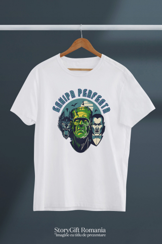 Tricou Femei, Barbati, Copii, Fata, Baiat, Unisex Personalizat „Portret Lup, Dracula și Frankenstein Personalizat – Cadouri Tematice pentru Halloween și Familie” [2]