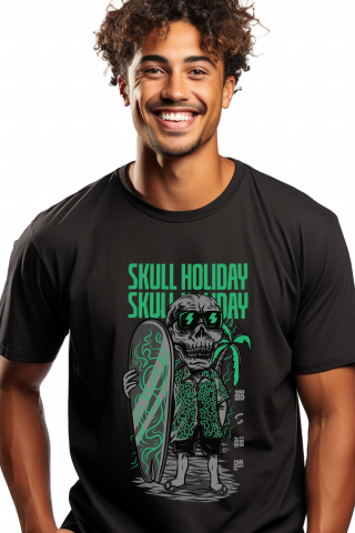 Promotii - Tricou Barbati Cu Portret Personaj Schelete Craniu Om Cu Placa De Surff In Tinuta De Vacanta, Ochelarii De Soare, Text In Engleza Skull Holiday, Iubitorii De Filme Horror,  cu imprimeu pe Fata, 100% B