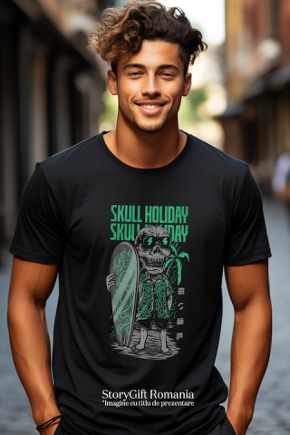 Tricou Barbati Cu Portret Personaj Schelete Craniu Om Cu Placa De Surff In Tinuta De Vacanta, Ochelarii De Soare, Text In Engleza Skull Holiday, Iubitorii De Filme Horror, cu imprimeu pe Fata, 100% Bu [1]