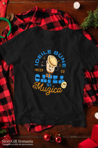 Tricou Femei, Barbati, Copii, Fata, Baiat, Unisex Personalizat „Pahar Personalizat „Ideile Bune Încep Cu Cafea și Muzica” – Cadou Perfect pentru Iubitorii de Cafea și Muzică” [2]