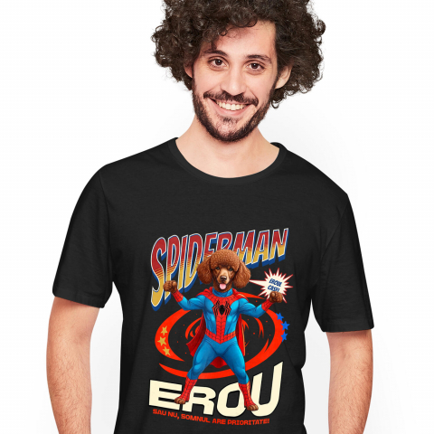 Tricou Femei, Barbati, Copii, Fata, Baiat, Unisex Personalizat Pudel în Costum Spider-Man cu Pelerină - Cadou Personalizat pentru Iubitorii de Câini și Copii